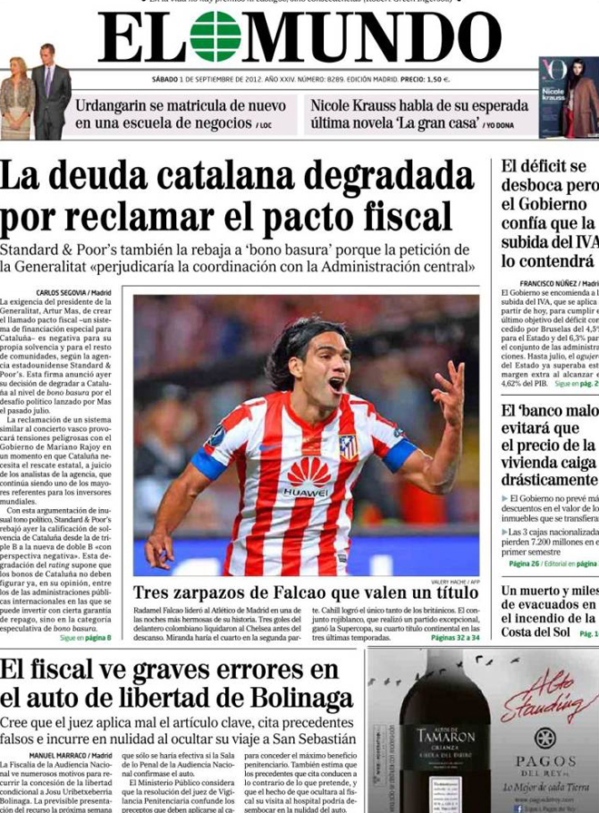Las portadas de los peridicos de todo el mundo elogian al Atltico de Madrid y destacan el papel del colombiano Radamel Falcao en la final de la Supercopa de Europa.