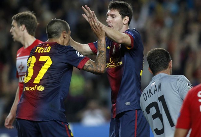 El Barcelona logr remontar al Spartak de Mosc y debut en esta Liga de Campeones con una importante victoria. Tello y Messi por partida doble hicieron los goles del conjunto de Tito Vilanova.