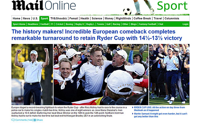 La prensa europea, sobre todo la inglesa, se rinde al equipo europeo de Ryder Cup liderado por Jos Mara Olazbal tras su pica remontada ante Estados Unidos para retener el ttulo.