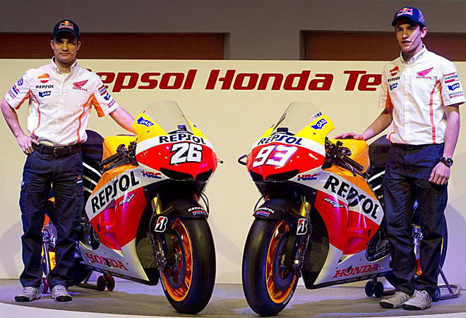 Pedrosa y Mrquez presentaron su nueva 'arma' para el Mundial de motociclismo.