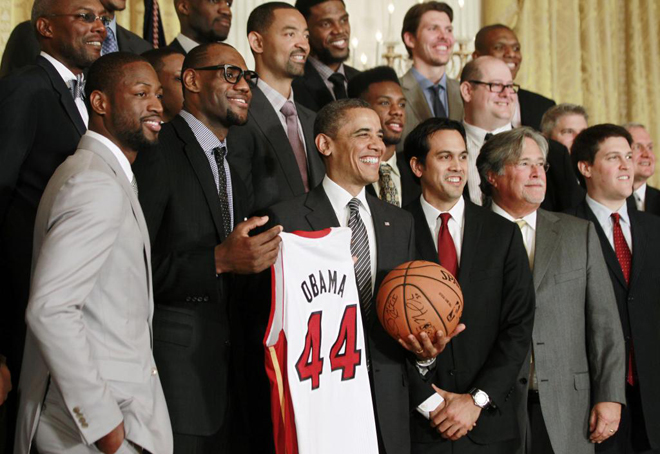Barack Obama en la recepcin a los Heat, vigentes campeones de la NBA, en la Casa Blanca