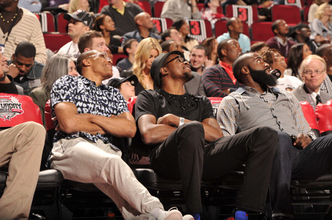 Russell Westbrook, Kevin Durant y James Harden durante la noche de los concursos de la NBA.