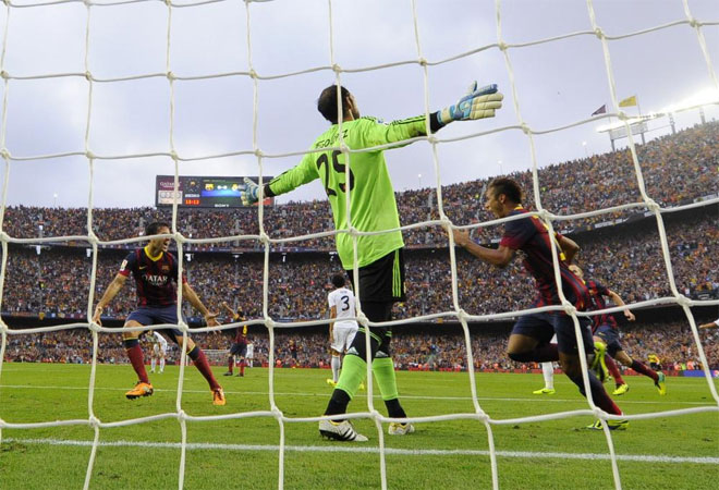 Diego Lopez reacts after the opening goal by Barcelona's Brazilian forward Neymar.