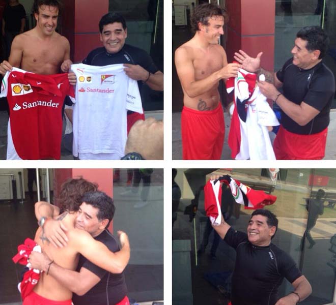 Al finalizar el partidillo, Alonso y Maradona se intercambiaron sus camisetas tal y como muestran las imgenes. En la ltima foto se ve a 'El pelusa' ondeando feliz la camiseta del piloto.