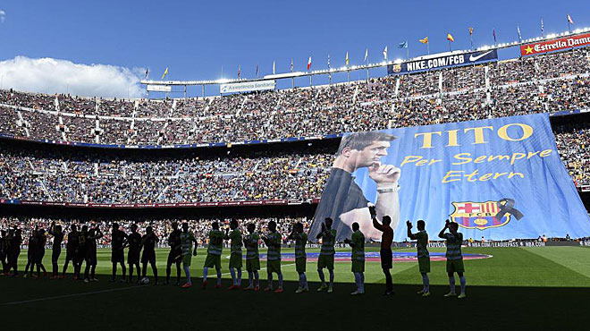 El Barcelona todava no haba jugado como local tras la muerte de Tito Vilanova. En la visita del Getafe, el Camp Nou homenaje al tcnico de la Liga de los 100 puntos.