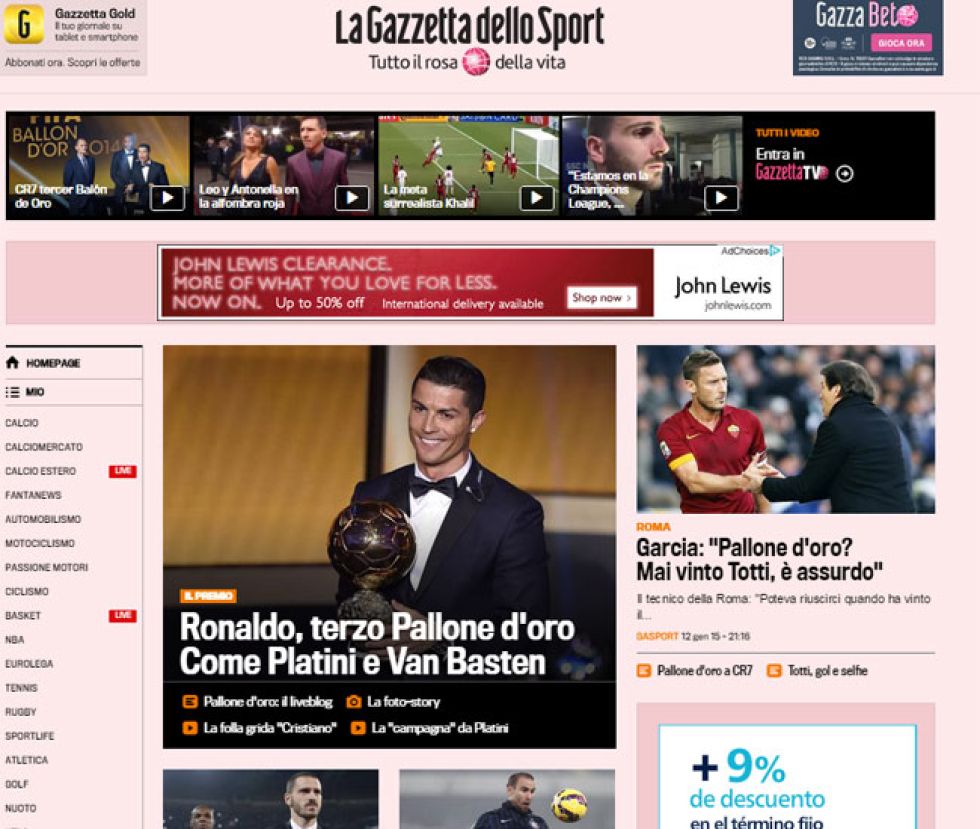 La Gazzetta recuerda que el tercer Baln de Oro de Ronaldo le iguala con Van Basten y Platini.