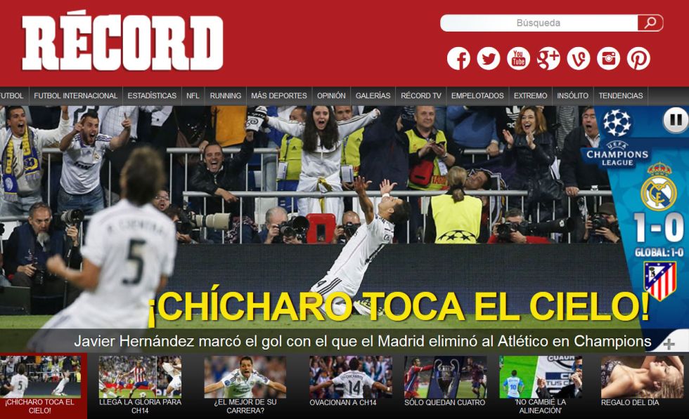 En la edicin digital de 'Rcord' se destac que Chicharito toc el cielo con el gol de la victoria del Real Madrid.