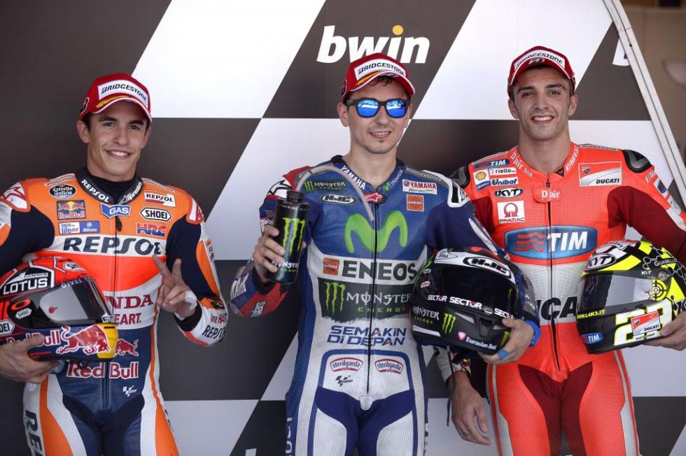 Los tres primeros de la calificacin de MotoGP: Lorenzo, Mrquez y Iannone.