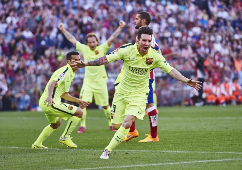 Messi celebra el tanto que dio la Liga al Bara
