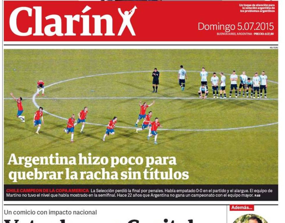 El diario Clarn considera justa la derrota de la albiceleste en la final ante Chile. "El equipo de Martino no tuvo el nivel que demostr en la semifinal".
