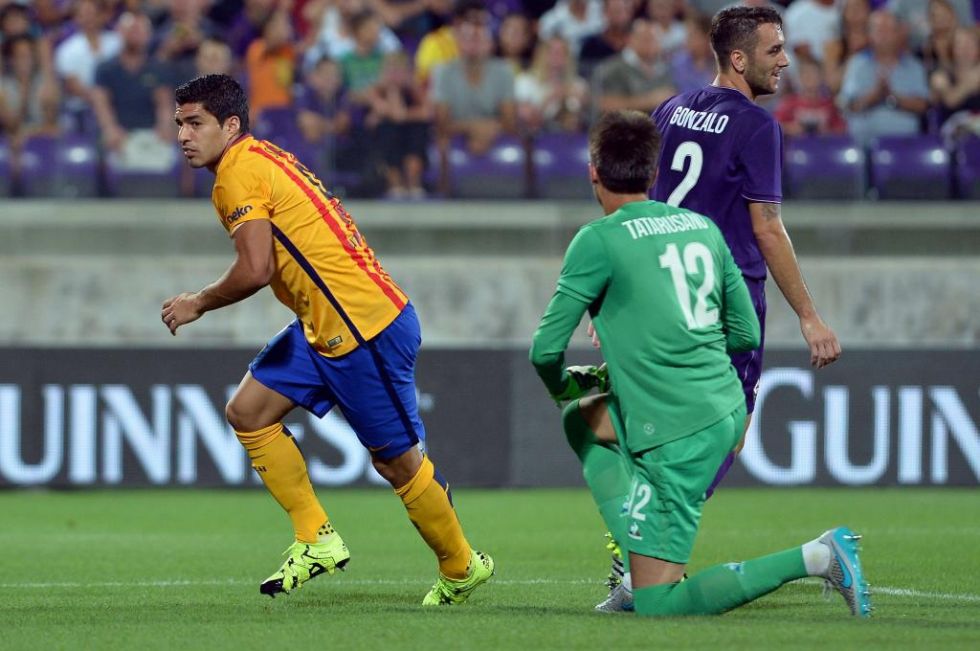 Luis Surez celebrando su gol ante la Fiorentina