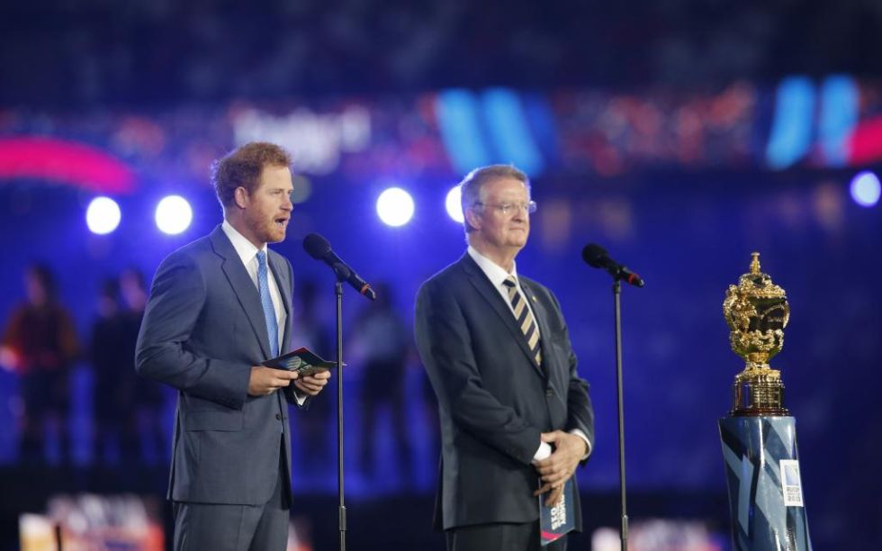 Momento de los discursos, por parte del Prince Harry y Bernard Lapasset, presidente de World Rugby.