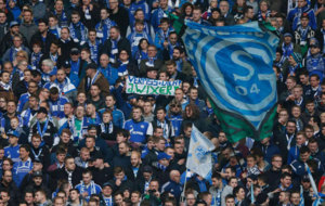 Aficionados del Schalke 04, en las gradas del Veltins Arena ante el...