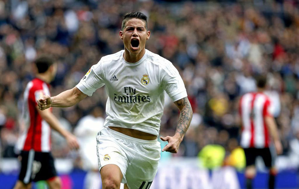 James celebra un gol con el Real Madrid.