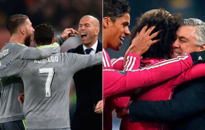 A la izquierda: 17-02-2016 ROMA Cristiano celebra su gol  con Zidane y...
