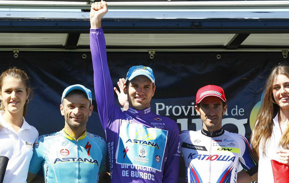 El podio de la Vuelta a Burgos 2015, con Taaramae, Scarponi y Moreno.