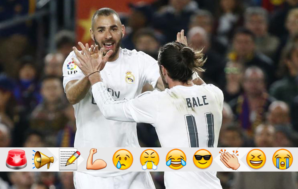 Bale y Benzema celebran el gol del francs en el Clsico