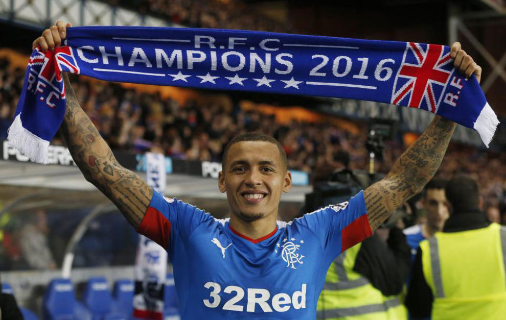 Rangers&apos; James Tavernier celebrates after being promoted to the...