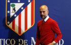 Guardiola en la sala de prensa del Atltico de Madrid.