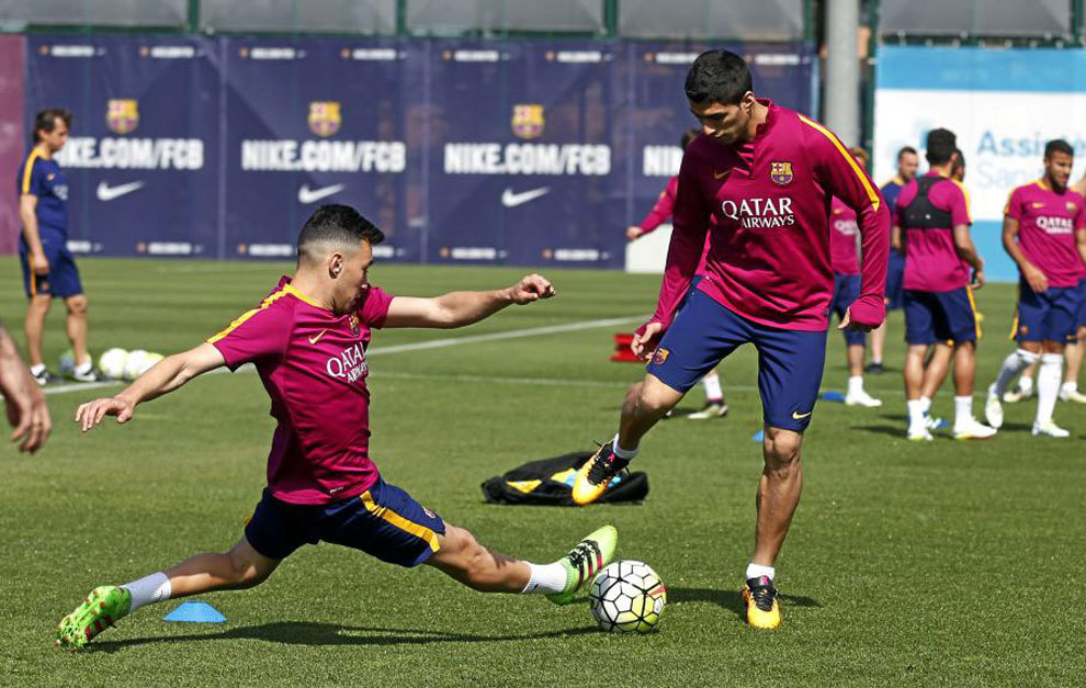 Surez y Munir, en un entrenamiento del Barcelona esta temporada.