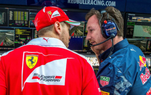 Vettel charla con Horner tras su incidente con Kvyat en el GP Rusia...