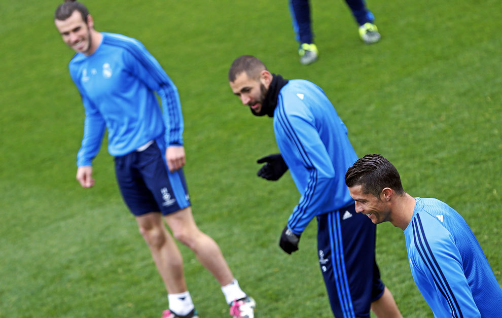 Bale, Benzema y Cristiano en un entrenamiento en Valdebebas