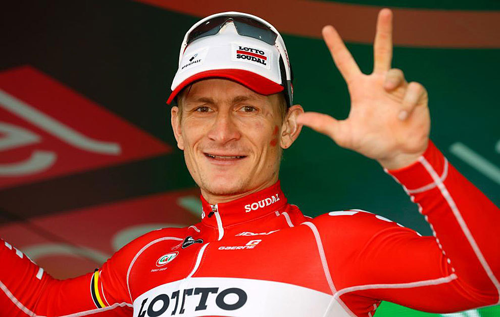 Andre Greipel of team Lotto Soudal celebrates on the podium after...
