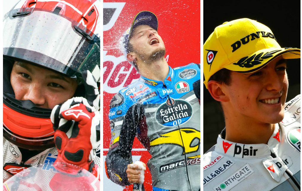 Los tres vencedores del fin de semana celebran sus triunfos en el GP...