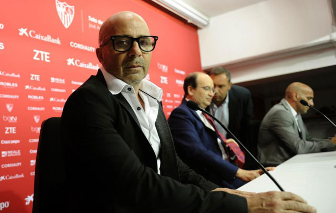 Sampaoli, durante la presentacin como entrenador del Sevilla