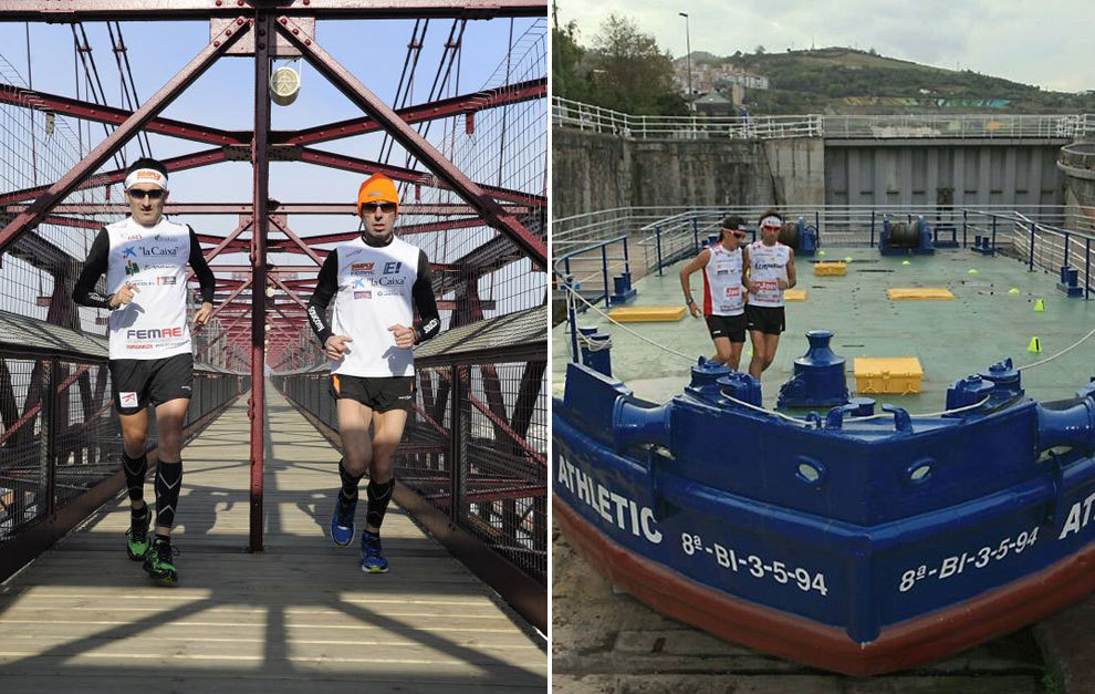 Javier y Jon corriendo un maratn en el Puente de Vizcaya y sobre la...