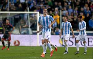 Albentosa celebra un gol con el Mlaga.