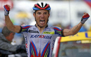 Joaquim Rodrguez celebra su victoria en Plateau de Beille en el Tour...