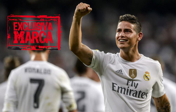 James celebra un gol con el Real Madrid