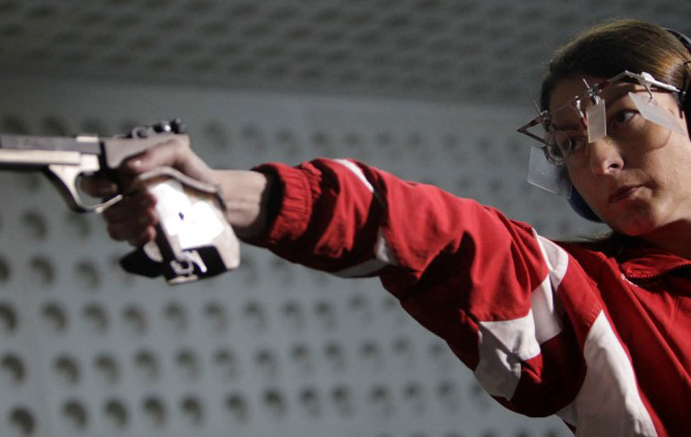 Nino Salukvadze takes aim during a practice session in Tbilisi