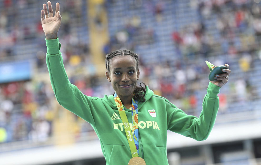 Ayana after receiving her gold medal in the 10,00 metres in Rio.