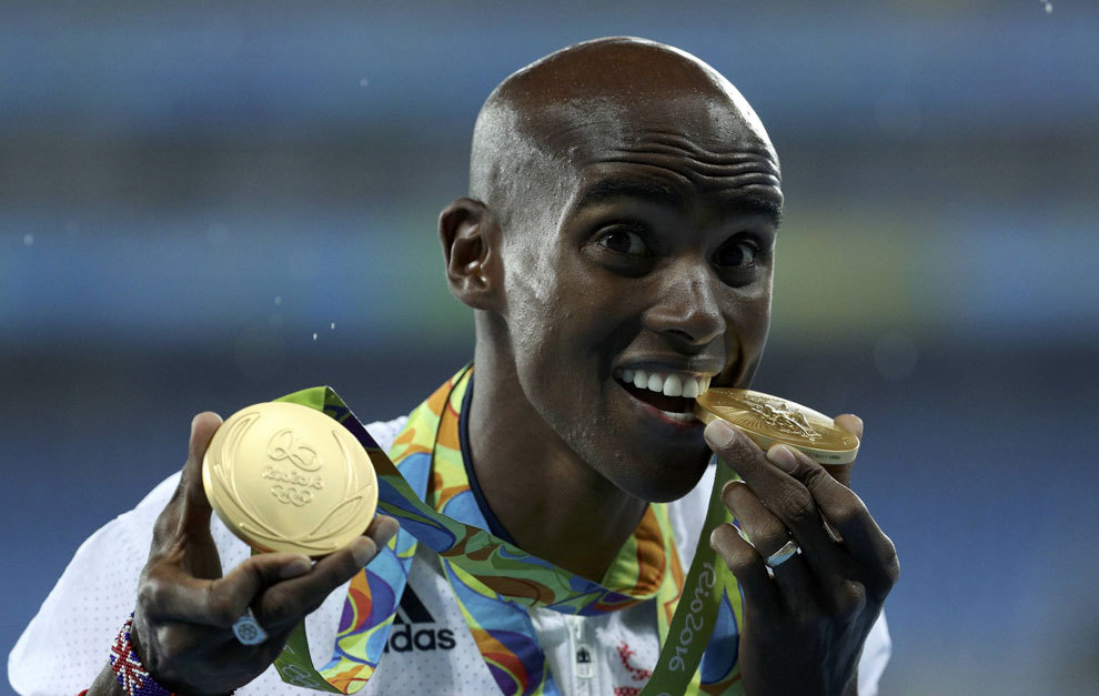 Mo Farah with his two gold medals.