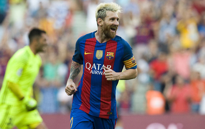 Messi celebra uno de sus goles ante el Betis.