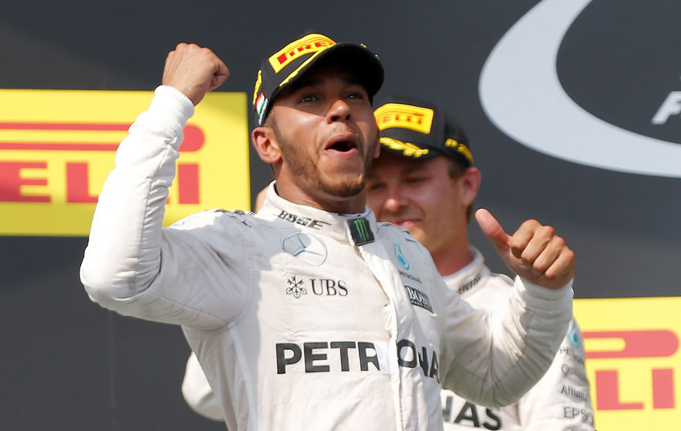 Lewis Hamilton celebrating after winning the Hungarian Grand Prix.