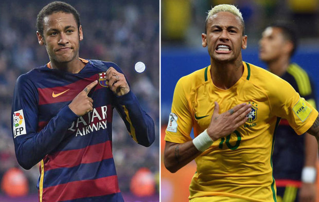 Neymar celebra sendos goles con el Bara y Brasil