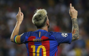 Messi celebra uno de los goles ante el Celtic