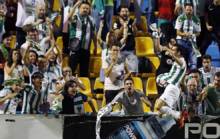 Alfaro celebra el gol con los aficionados del Crdoba presentes en...