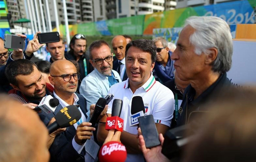 Italian Prime Minister Matteo Renzi talks to the media.