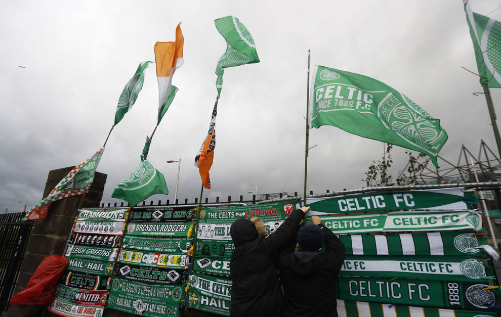 Celtic scarves on sale outside the stadium before the match against...