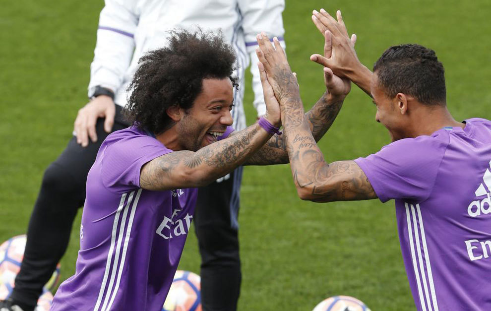 Marcelo, en el entrenamiento del Real Madrid.