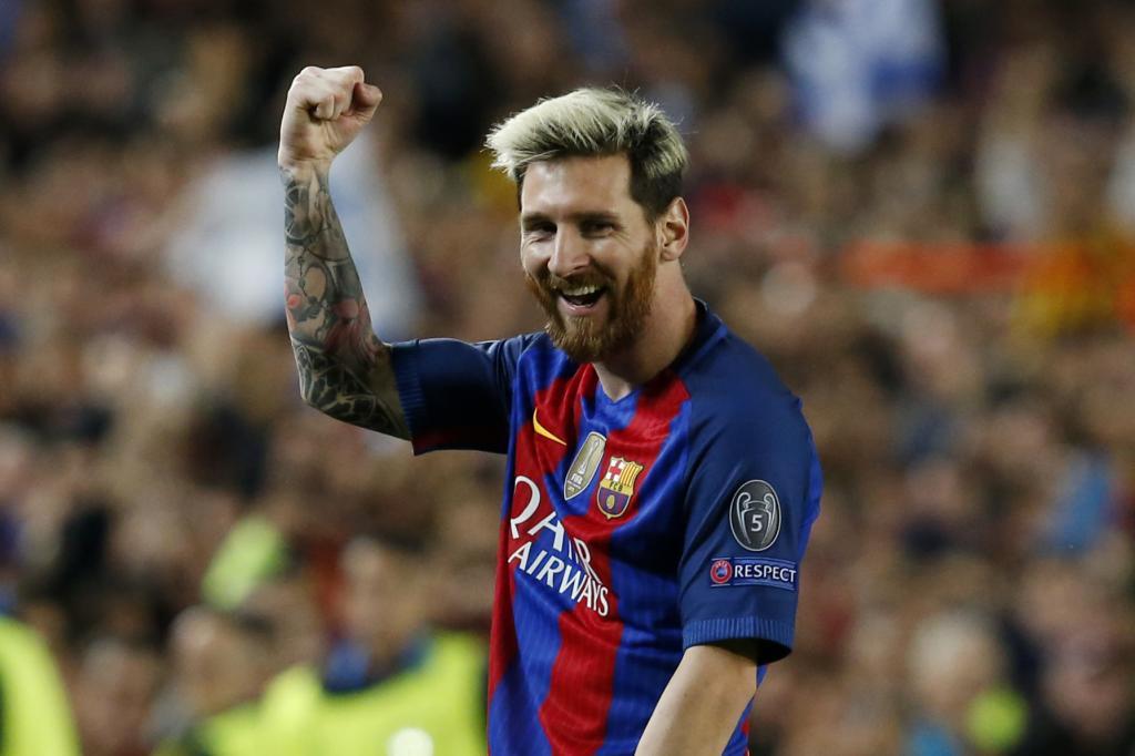 Messi celebra uno de los tres goles que marc al Manchester City.