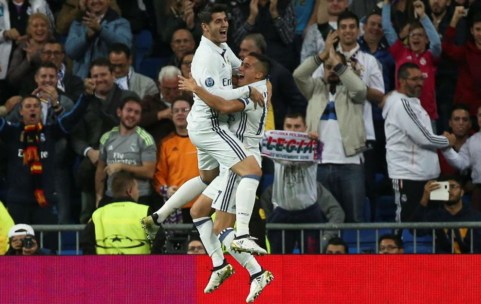 Morata y Lucas Vzquez celebran un gol en Champions