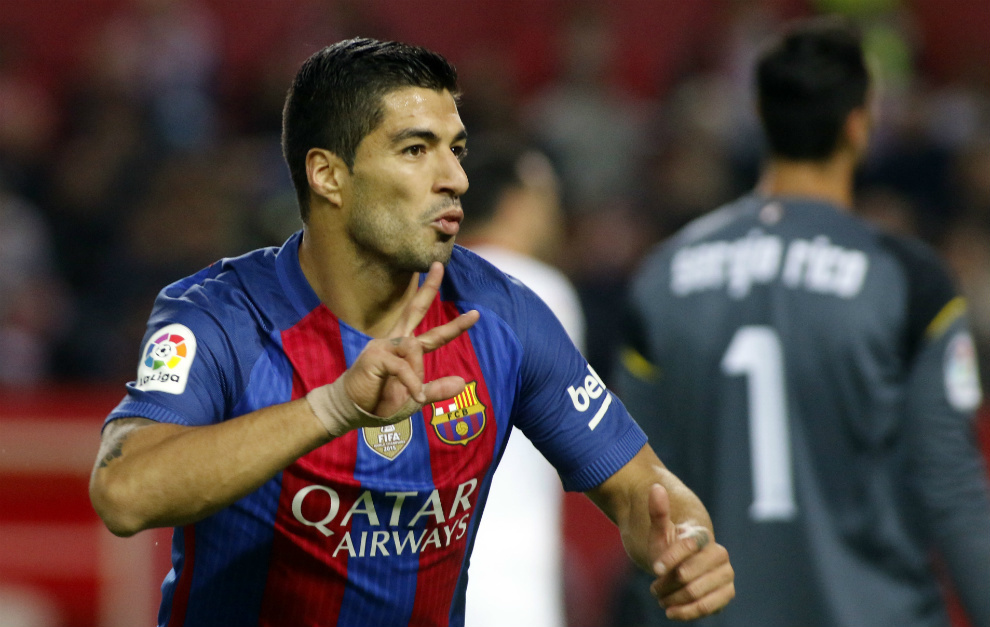 Surez celebra el gol de la victoria del Bara en Sevilla.