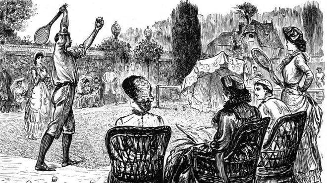 Ilustracin sobre el tenis de George du Maurier, del ao 1882.