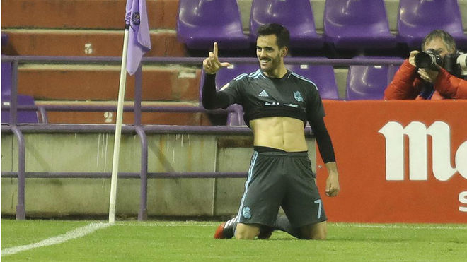 Juanmi celebra uno de los goles anotados frente al Valladolid