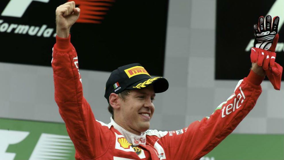 Sebastian Vettel, en el podio de Monza